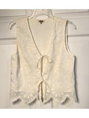 Womens Gimmicks White Embroidered Tie-Front Crop Vest M Boho Cottage Floral